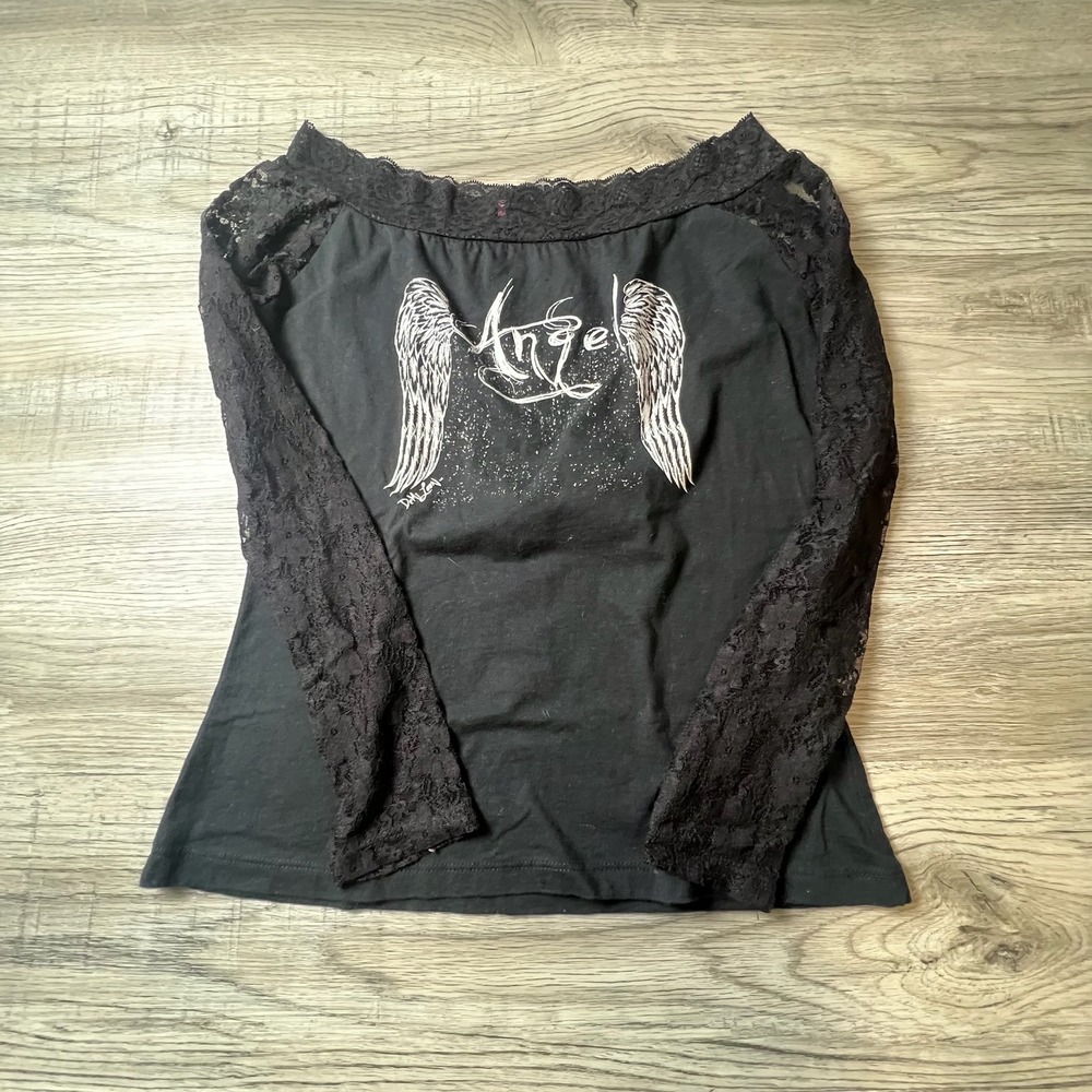Demi Loon Angel Wings Graphic Top Womens Medium Black Lace Sleeve Cutout Goth